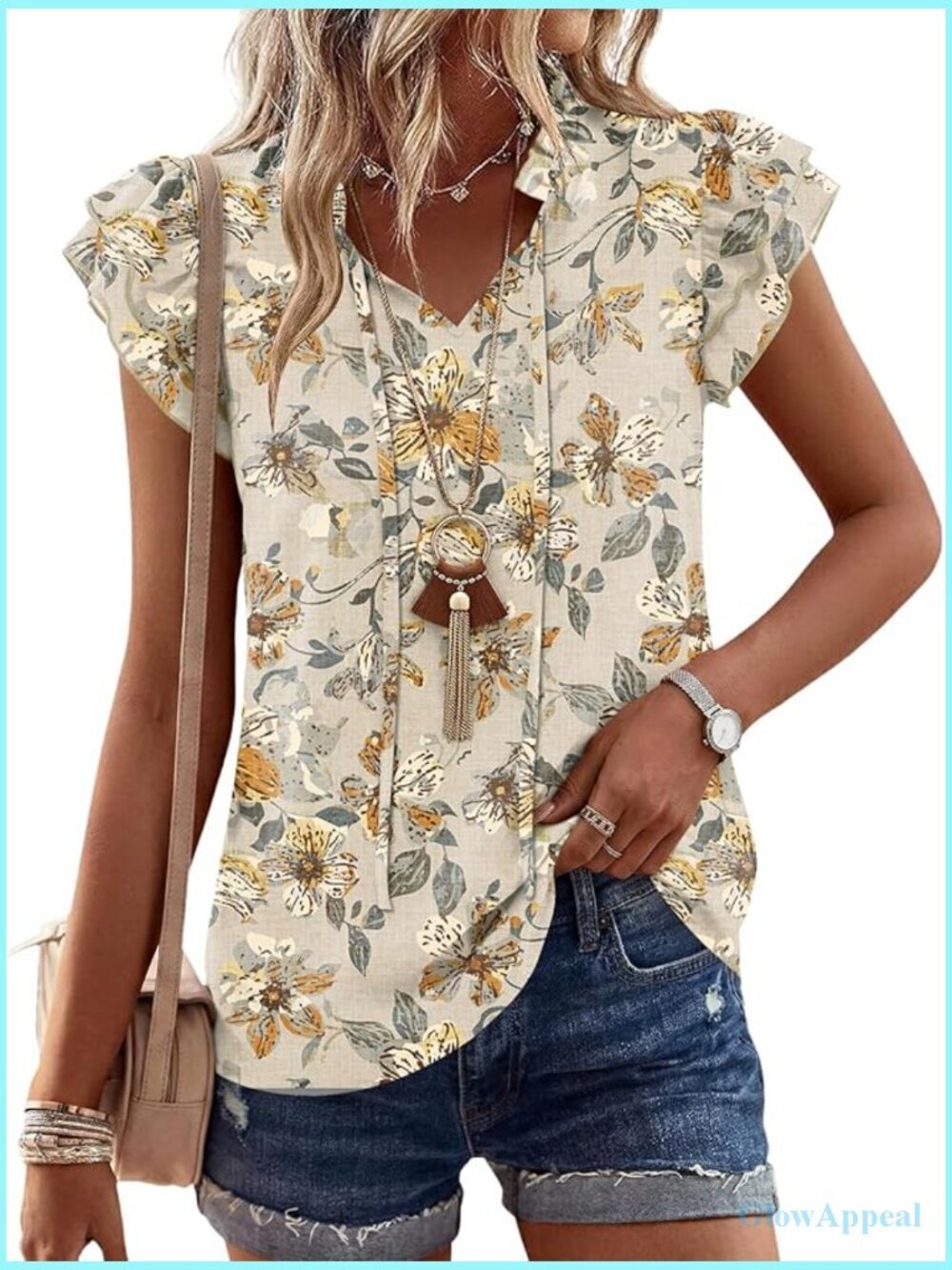 Floral V-Neck Ruffle Sleeve Chiffon Blouse Tie Front Summer Flowy Top